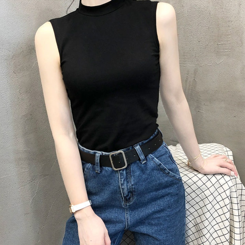 Xiangbao Áo Tank Top Ôm Dáng Không Tay Cổ Lọ Màu Trơn Cho Nữ