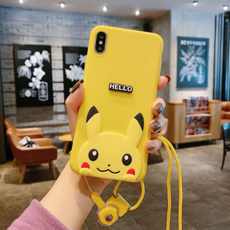 Ốp điện thoại mềm pikachu có dây đeo OPPO Reno 2F 2 3 A12 A92 A52 A7 A31 A5 A9 2020 Realme C2 5 i 6 R7 Lite F5 F7