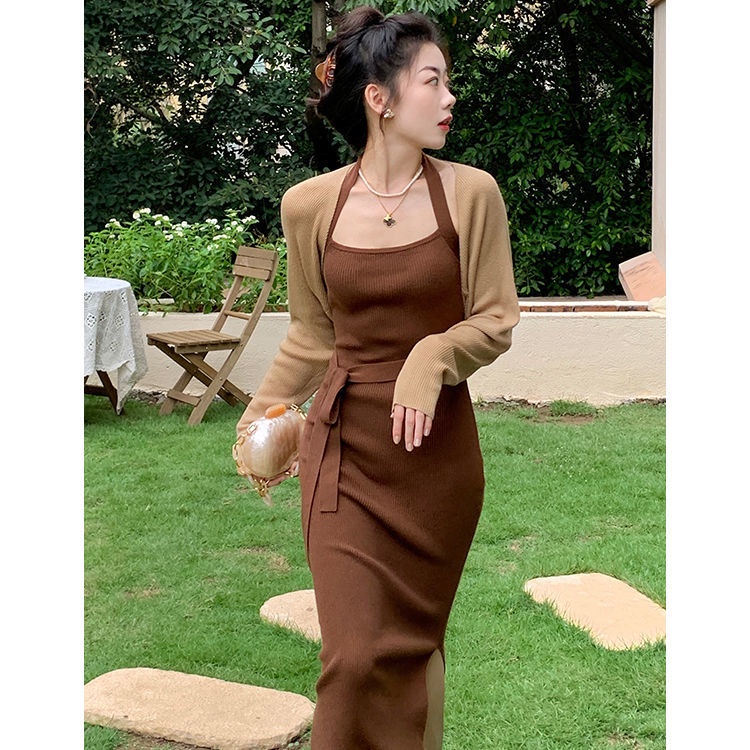 Bộ Áo Khoác Cardigan + Đầm Dệt Kim Hai Dây Ôm Dáng Phong Cách Retro Hong Kong Thời Trang Mùa Thu Cho Nữ 2021