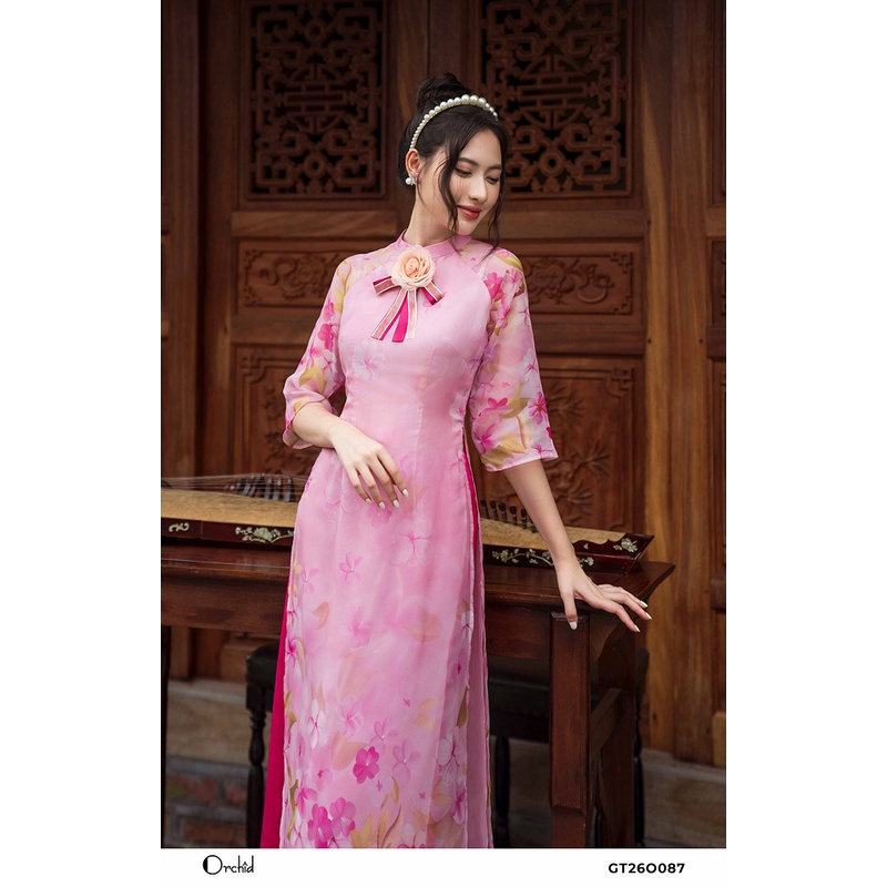 Bộ áo dài cách tân họa tiết hoa nhí kèm nơ thanh lịch Chất liệu tơ cao cấp Orchid GT26O087