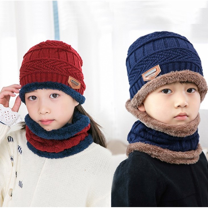 Mũ len nam nữ kèm khăn quàng cổ YUDA nón len trùm đầu mùa đông cho bé trai gái