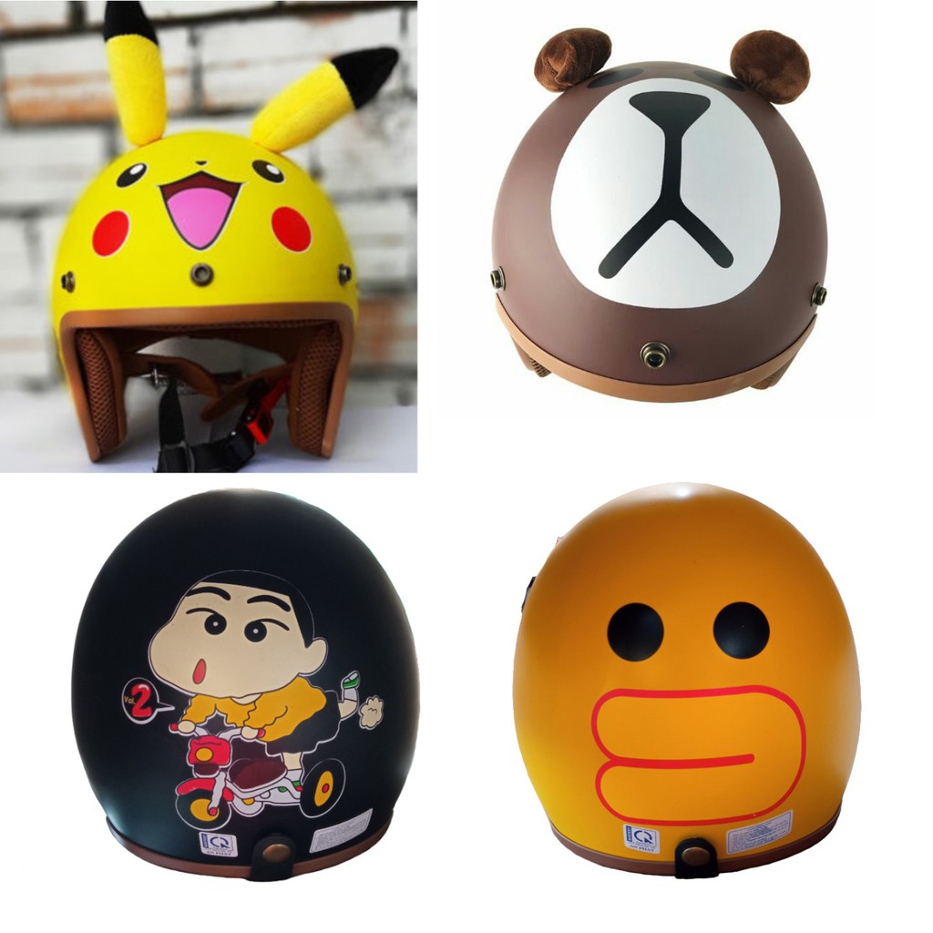 Bán sỉ- kính + mũ bảo hiểm 3/4 đầu, nón bảo hiểm 3/4 trơn cute gấu pikachu uv phi công phượt nữ nam xe máy tai sừng