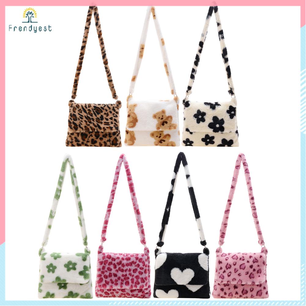 Túi đeo vai thời trang nữ hoa văn da báo/bông hoa/trái tim/con gấu chất liệu lông nhung