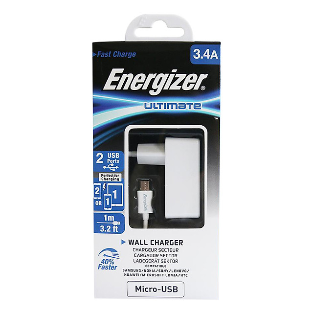 Bộ Adapter Và Cáp Sạc Energizer Micro USB Quickcharge Qualcomm 2.0 ACW1QEUHMC3 (Trắng) - Hàng Chính Hãng