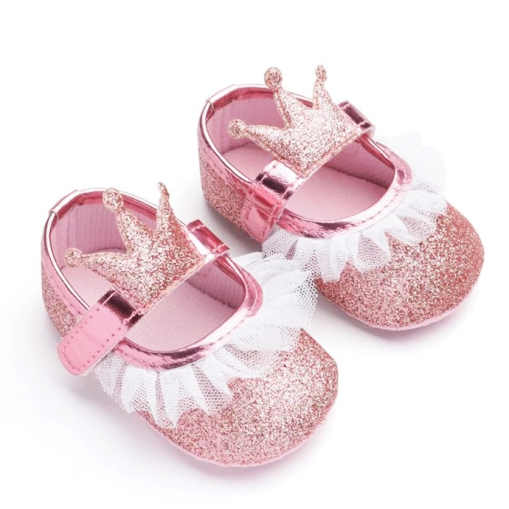 Giày tập đi công chúa lấp lánh đính vương miện phối ren đế chống trơn trượt cho bé gái 0-18 tháng tuổi BBShine – TD23
