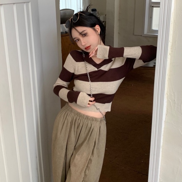 【ZHELIHANGFEI】Áo Dệt Kim Tay Dài Cổ Bẻ Họa Tiết Kẻ Sọc Thời Trang Cho Nữ