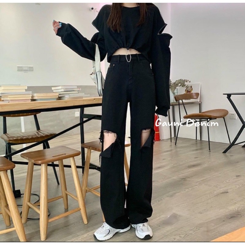 Quần jean nữ rách ống rộng lưng cao rách màu đen cấp quần bò nữ ống rộng - GD08 | BigBuy360 - bigbuy360.vn