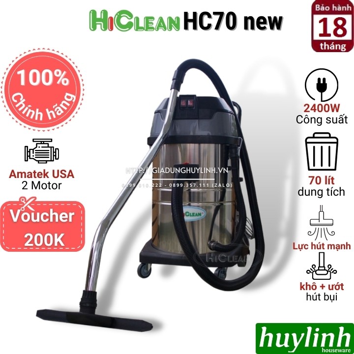 [Mã ELHAMS5 giảm 6% đơn 300K] Máy hút bụi công nghiệp Hiclean HC70 New - 2020 - 70 lít - Tặng Voucher