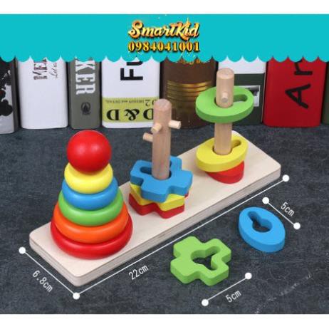 Giáo Cụ Montessori Bộ 3 Tháp Cọc Xếp Hình Nhiều Màu Bằng Gỗ Đa Năng