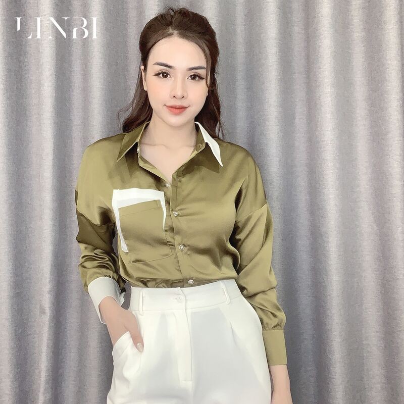 Áo sơ mi nữ dài tay Liin clothing đủ size, màu rêu phối cổ trắng sữa thanh lịch Liin clothing SM2808