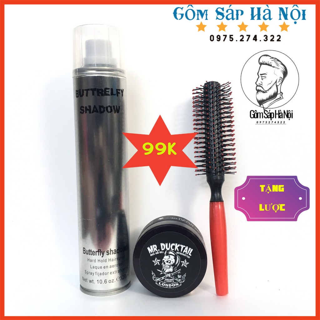 Combo 99k [ Gôm Xịt Tóc BUTTREFLY 320ml + Sáp Vuốt Tóc Mr.DUCKTAIL 85g ] Tặng Lược