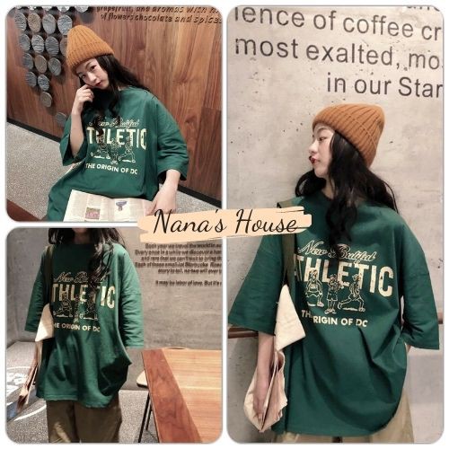 Áo Thun Cộc Tay Form Rộng ATHLETIC 🎁 Nana's House - FREESHIP 🎁 Phông tay lỡ cổ tròn oversize màu xanh rêu Ulzzang