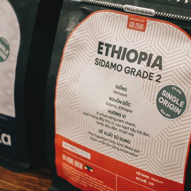 Cà phê Arabica ETHIOPIA Sidamo pha Espresso, Cà phê Specialty cao cấp Hương cam chanh Hậu vị ngọt trà đen gói 250g