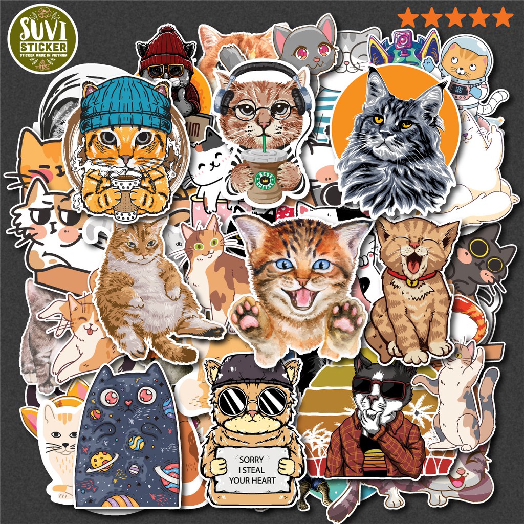 50 Sticker Cute Cat chống nước sticker dán mũ bảo hiểm, laptop, điện thoại, đàn guitar, vali. MSP: NS07