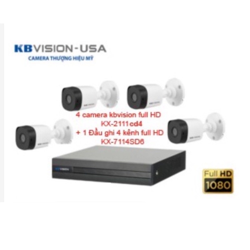 [GIÁ RẺ NHẤT]Combo Bộ kit 4 camera full HD 1080P 2.0MP + 1 đầu ghi hình 4 kênh Kbvision, Hikvision, Dahua, Hilook