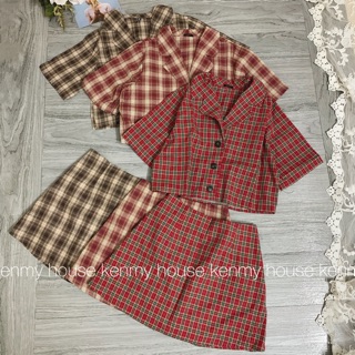 Set áo sơ mi croptop kèm chân váy ( hình thật ) 💛