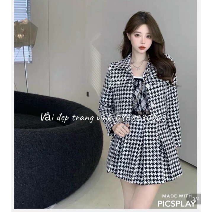 Set dạ tweed gồm áo kèm chân váy sang chảnh kèm ảnh thật