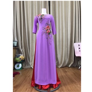 Áo dài tím cà💥FREESHIP💥 Áo dài tím cà đính hoa ren đỏ thiết kế