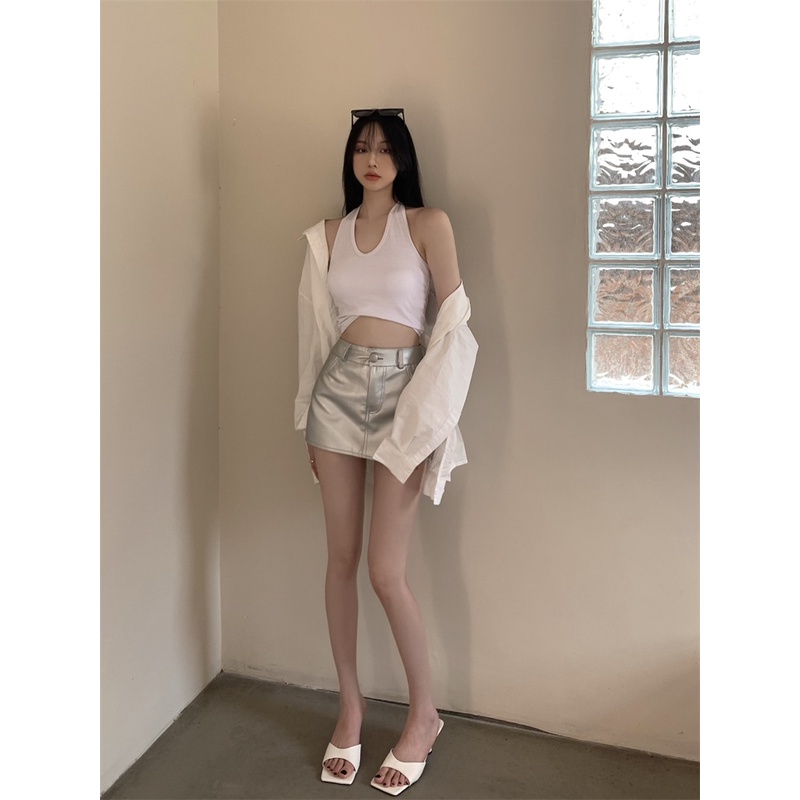 Cocory vn Set Áo Dây Nữ Cộc Tay + Chân Váy Lưng Cao Thời Trang Hàn Cho Nữ