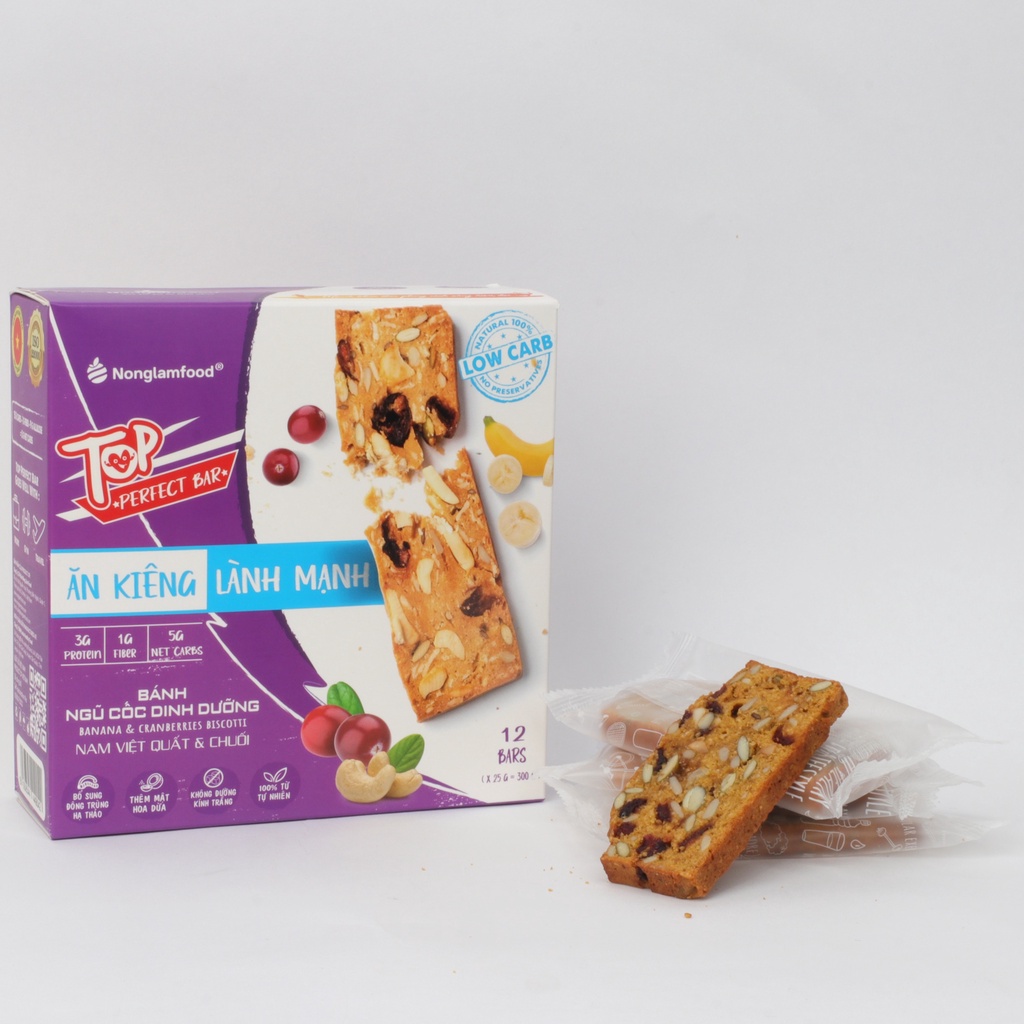 Bánh Biscotti ngũ cốc Top Perfect Bar Nonglamfood Vị Nam Việt Quất &amp; Chuối hộp 12 thanh | Ăn Kiêng Không Béo |Dinh dưỡng