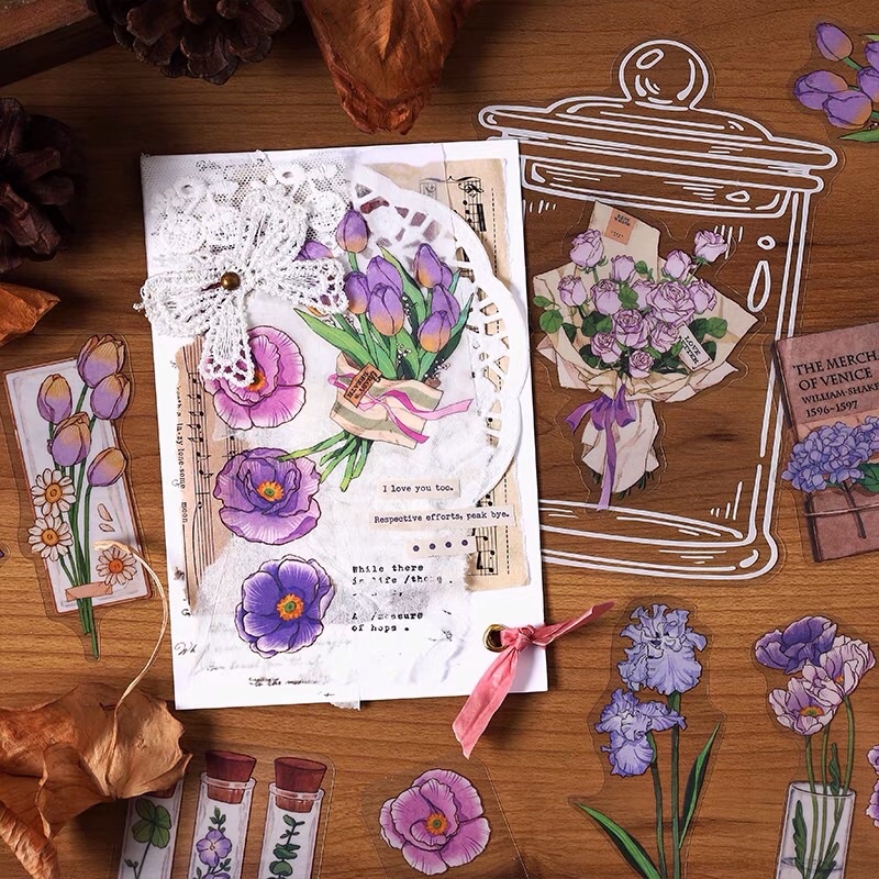 Nhãn dán sticker hoa đầy bình nghệ thuật