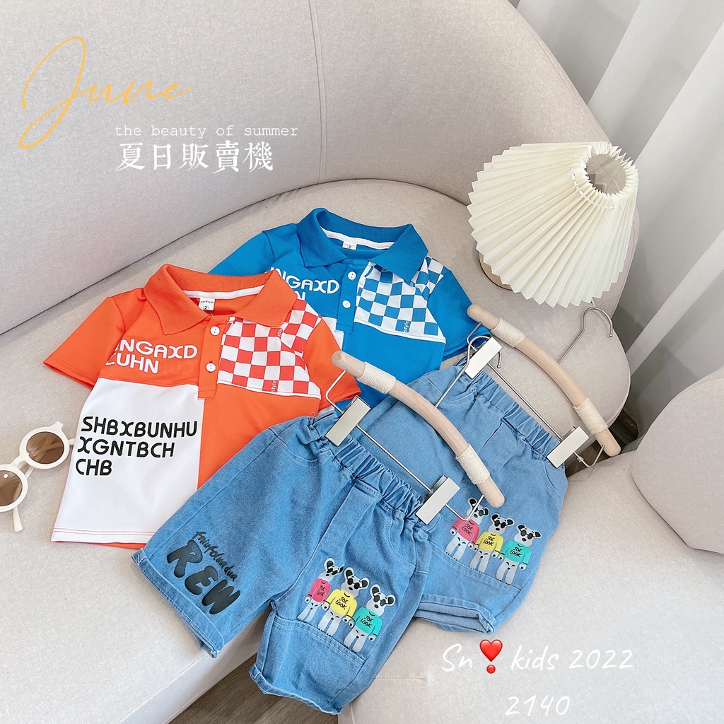 Bộ quần áo cộc tay bé trai kiểu dáng hàn quốc, set áo polo hoạ tiêt HNGAXI phối quần bò ngố cho bé size 10-32kg