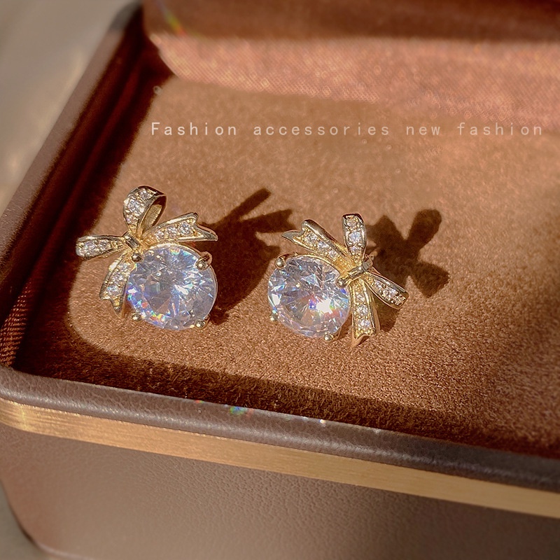 Khuyên Tai Nơ Đính Đá Zircon Phong Cách Thời Trang Hàn Quốc Sang Trọng Dành Cho Nữ