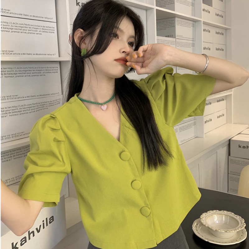 Áo Sơ Mi Tay Ngắn Cổ Chữ v Thiết Kế Ba Hàng Nút Thời Trang Mới Cho Nữ