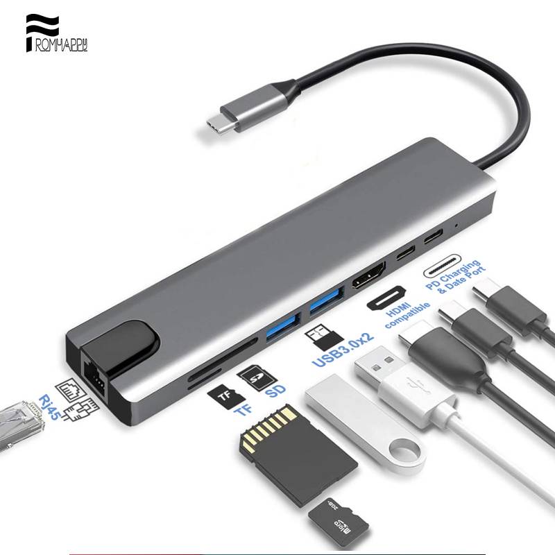 Bộ Chia Cổng Usb C Hub 3.1 Sang 4k Hdmi-Compatim Rj45 Usb Sd / Tf Cho Macbook Air Pro Pc