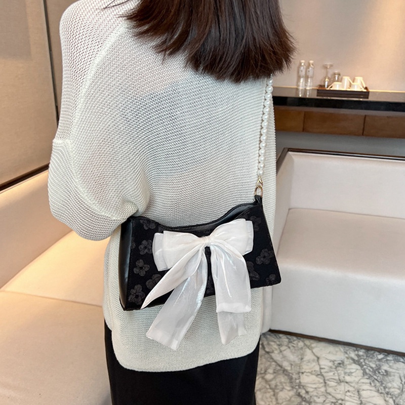 Ygt Túi Xách Đeo Vai / Đeo Dưới Cánh Tay Cỡ Nhỏ Bằng Nylon Mềm Đính Nơ Phối Dây Xích Ngọc Trai Giả Kiểu