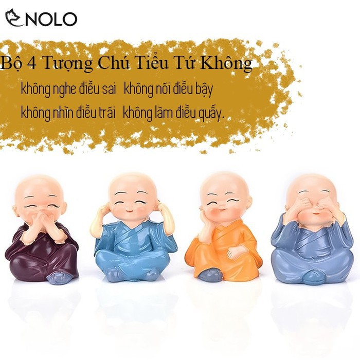 Bộ 4 Tượng Chú Tiểu Nhà Sư Tứ Không Nghe Không Thấy Không Nói Không Làm Điều Ác Chất Liệu Thạch Cao Tráng Bột Đá