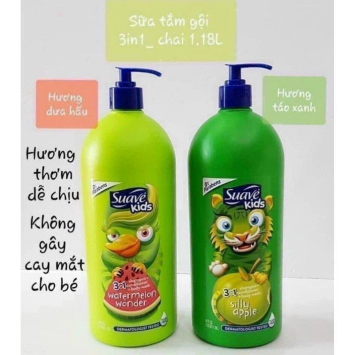 Sữa tắm gội trẻ em 3 trong 1 không cay mắt Mỹ Suave Kids