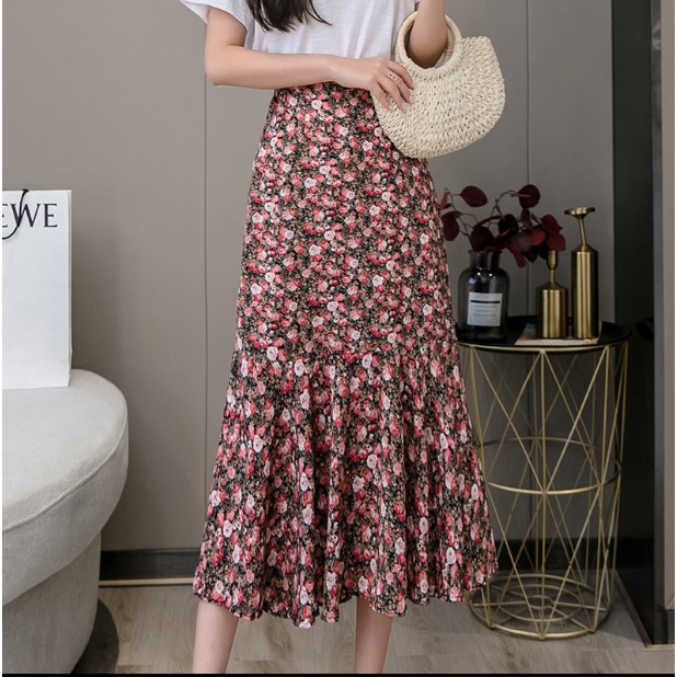 Chân váy hoa nhí công sở cạp cao hai lớp dáng dài chất đẹp