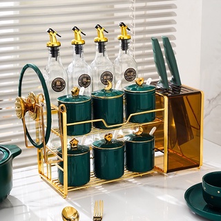 Bộ đồ đựng gia vị nhà bếp gốm sứ, kệ cắm dao, nắp nồi cao cấp