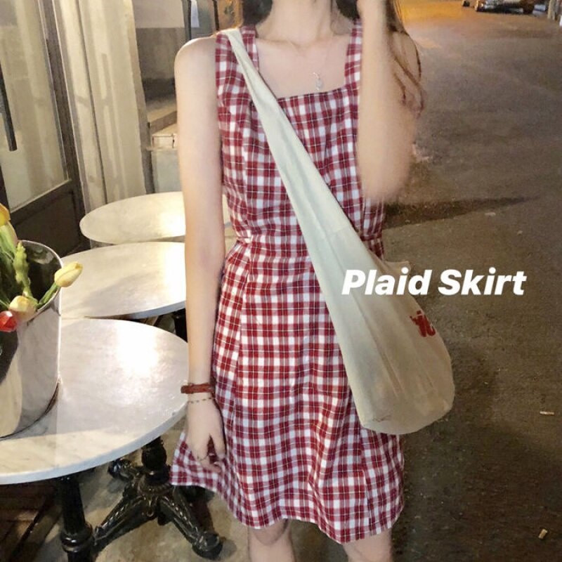 Summer Korean Style New Lace-up Waist Hugging Slim Retro PlaidAWomen's Student Sling Dress