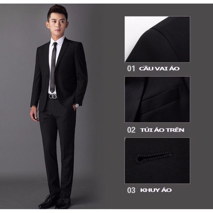 [Xả Kho] Bộ vest nam ôm body màu đen ( áo vest + quần + cà vạt nơ)