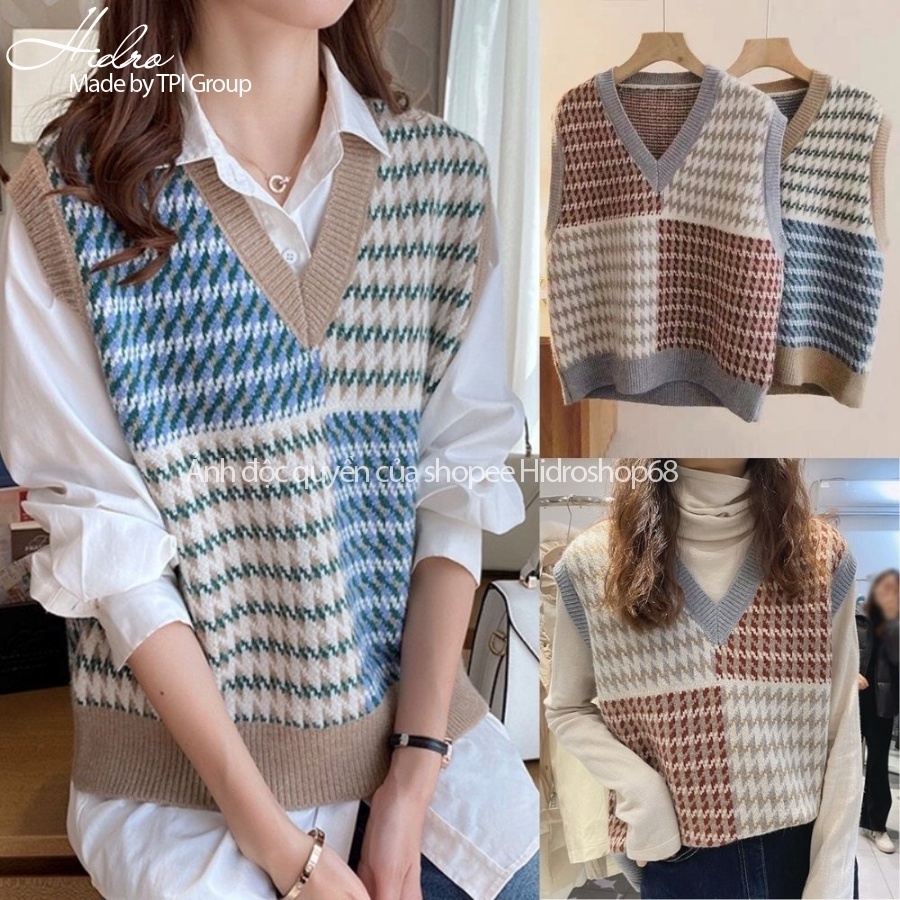 Áo Gile Len Cổ V Chất Dày Dặn Nhiều Màu Vintage Phong Cách Hàn Quốc