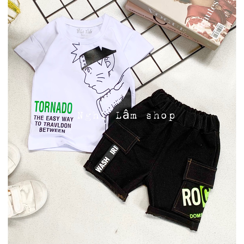 Bộ quần áo bé trai Áo thun cotton 100% co giản 4 chiều mềm mịn mát Quần thun cotton giả jean cho bé từ 8-36k