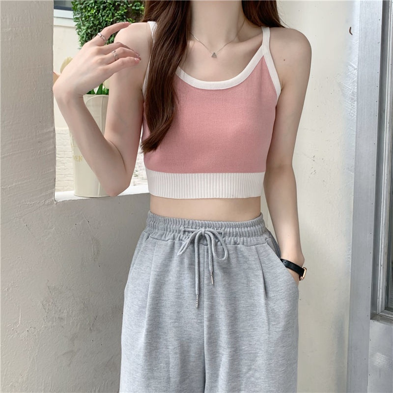 Áo Hai Dây Dệt Kim Dáng Ngắn Màu Hồng Phong Cách Hàn Quốc Thời Trang Mùa Hè Cho Nữ