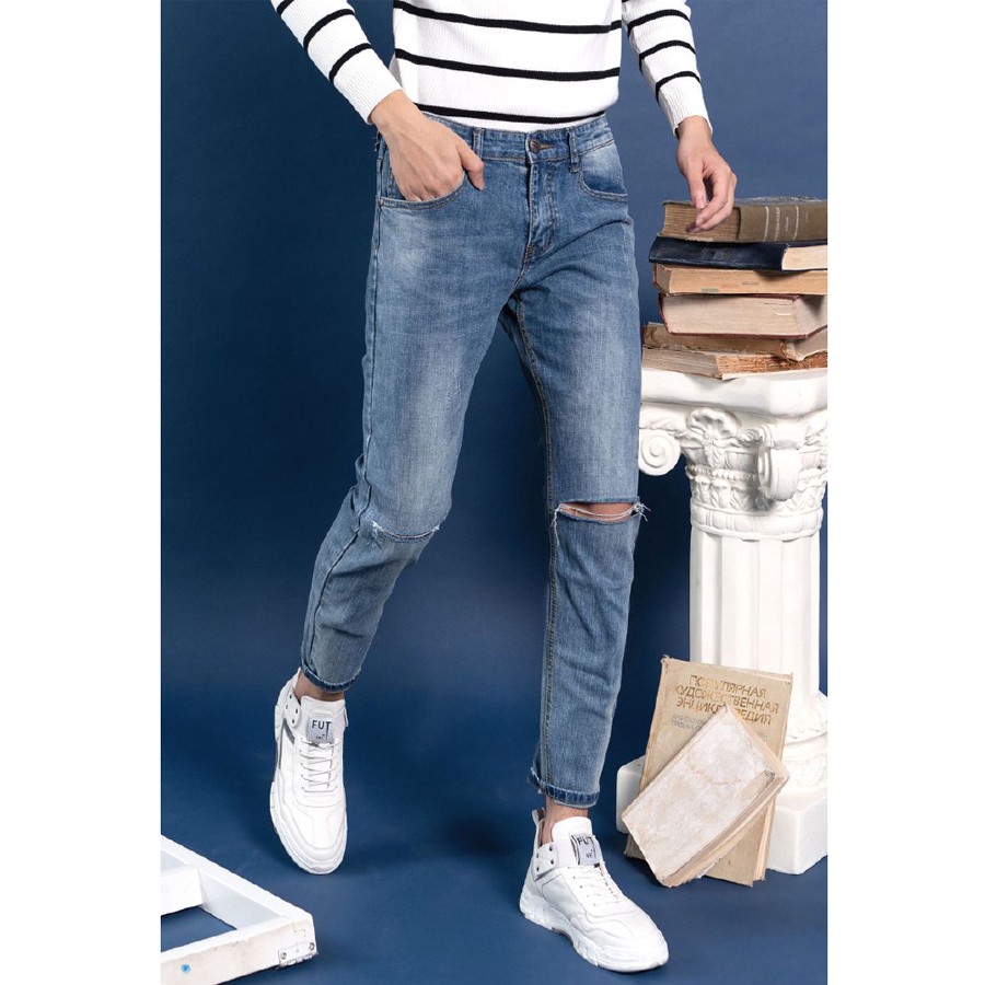 [Mã BMINC50 giảm 50K đơn 99K] Quần Jean Rách Gối Nam 2STOREGLE Dáng Ôm Slim Fit Chất Co Giãn Nhẹ