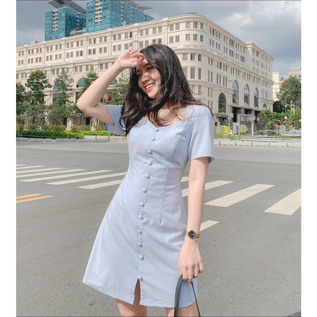 Đầm - váy tiểu thư trơn cúc bọc 2 màu