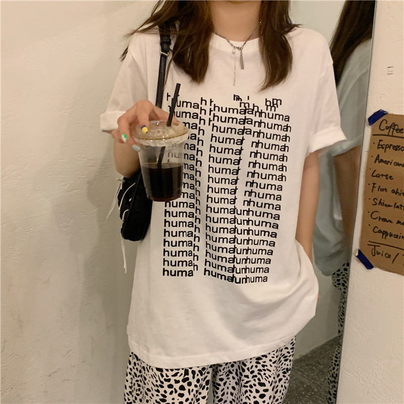 Korean New English Printing Casual Loose Round Neck T-shirt for Couples