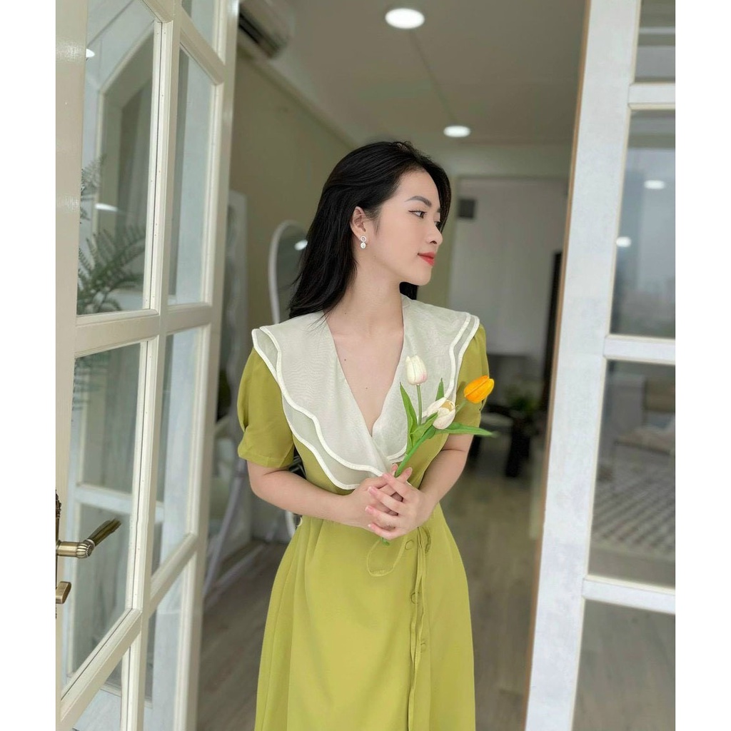 [HCM] Đầm Nữ Cổ Bèo Tơ Gân Đính Nút Bọc Thời Trang Nữ Sam Closet Free Size 40-55kg