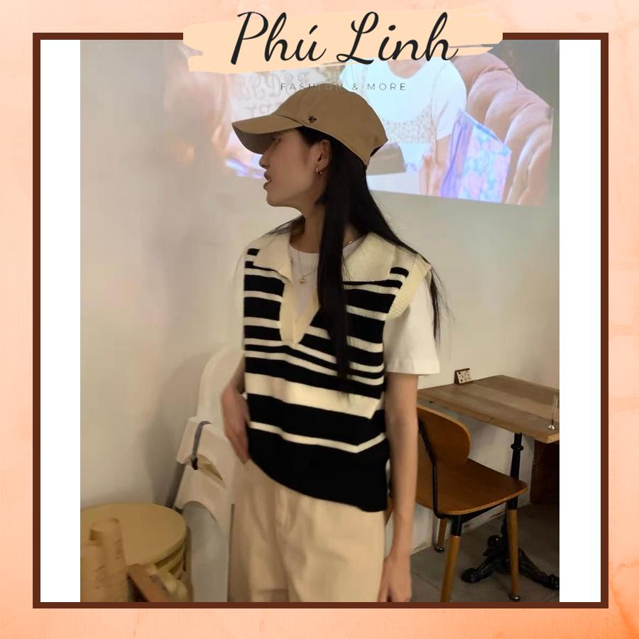 MS879 Áo gile len nữ cổ bẻ kẻ ngang Hàn Quốc