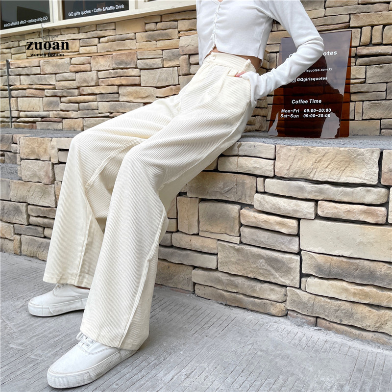 SUXI Quần Nhung Dài Ống Rộng Lưng Cao Kiểu Hàn Quốc Cá Tính