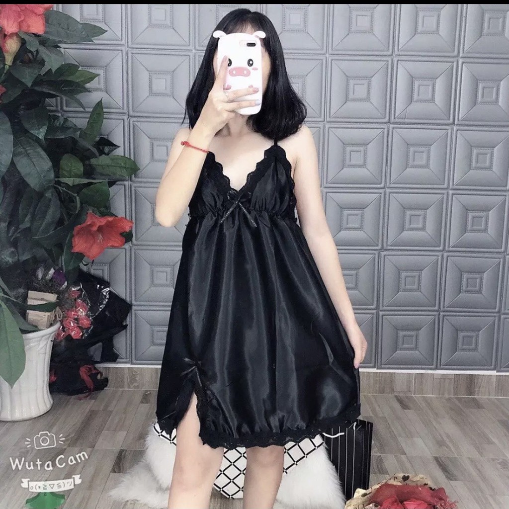 Đầm ngủ sexy dáng xòe, chất phi lụa mềm mịn, viền ren cổ xẻ tà TTK_D4