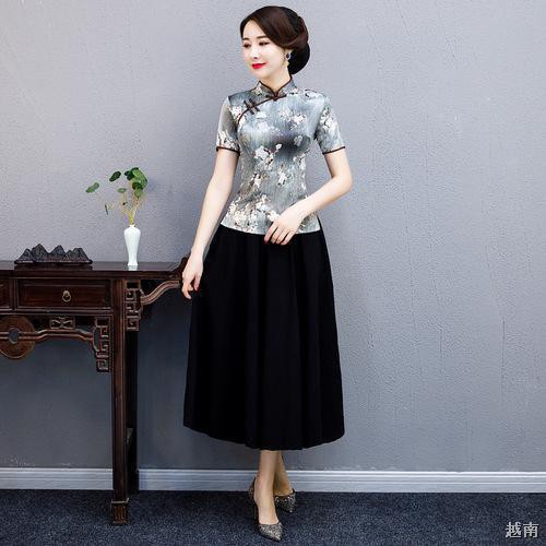 ✟❂Xuân hè 2021 new Sườn xám ngắn lụa cải tiến hàng ngày Váy dạ hội cổ điển hai mảnh cho bà mẹ nữ mặc áo blouse