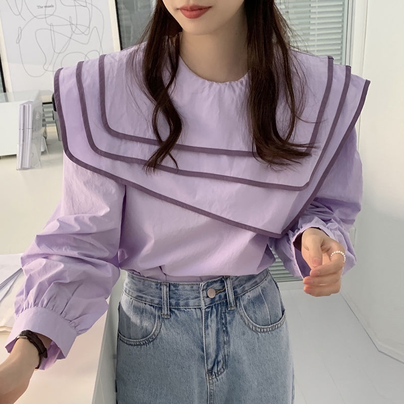 Áo Sơ Mi Tay Phồng Ba Lớp Màu Sắc Tương Phản Phong Cách Hàn Quốc Thời Trang Cho Nữ