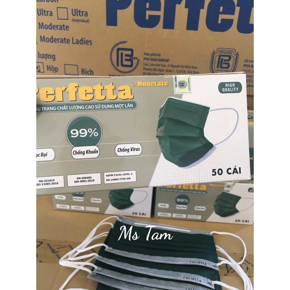Combo 4 hộp Khẩu Trang Y Tế Cao Cấp Perfetta Moderate 3 lớp màu xanh rêu