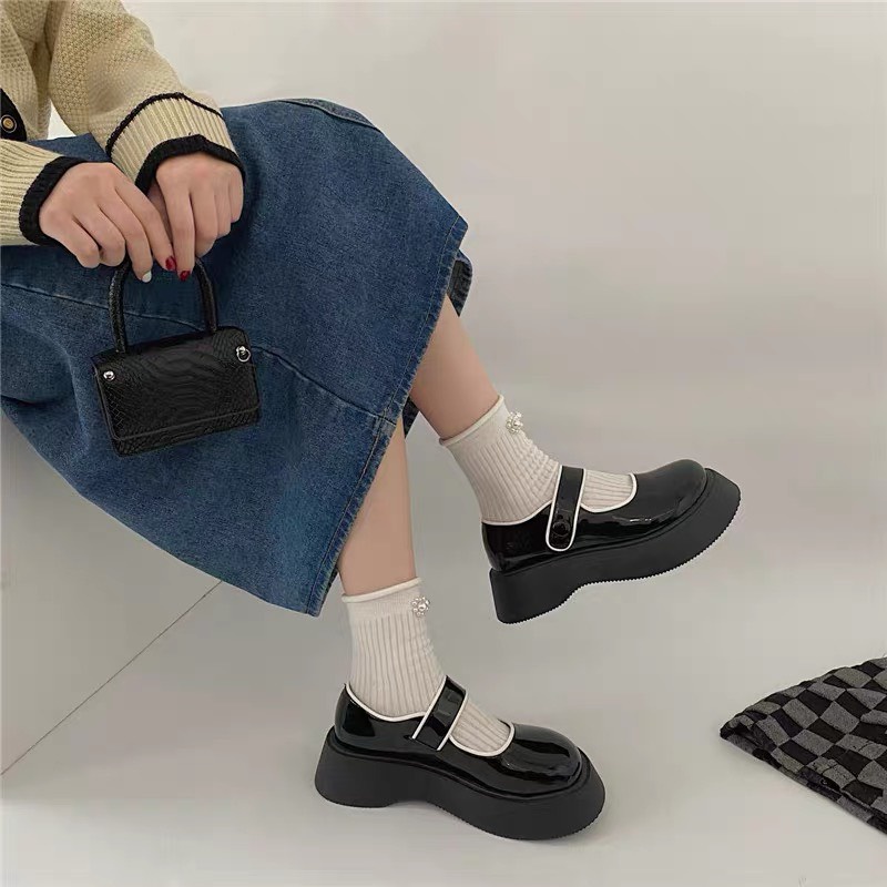 Giày Lolita đế bằng cài quai da bóng Mary Jane phong cách Ulzzang Hàn Quốc dễ thương